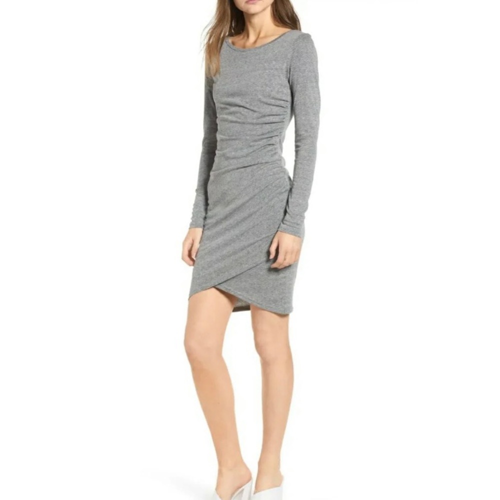 Leith Gray Long Sleeve Ruched Mini Dress Asymmetrical Hem Size XS